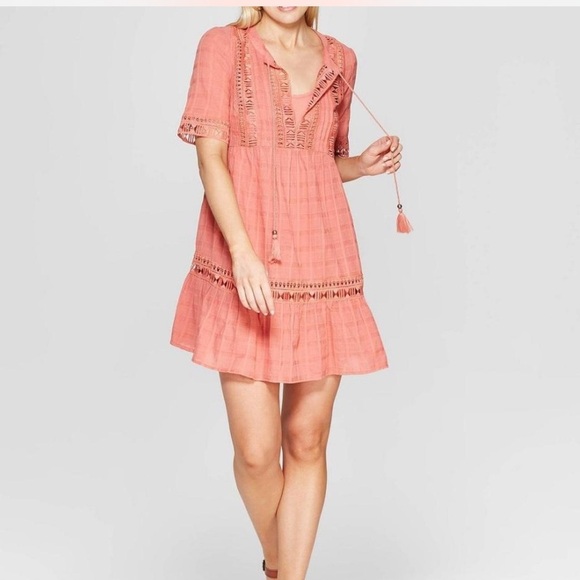 Knox Rose Coral Pink Boho Peasant Dress W/ Lining Size M - Picture 1 of 7